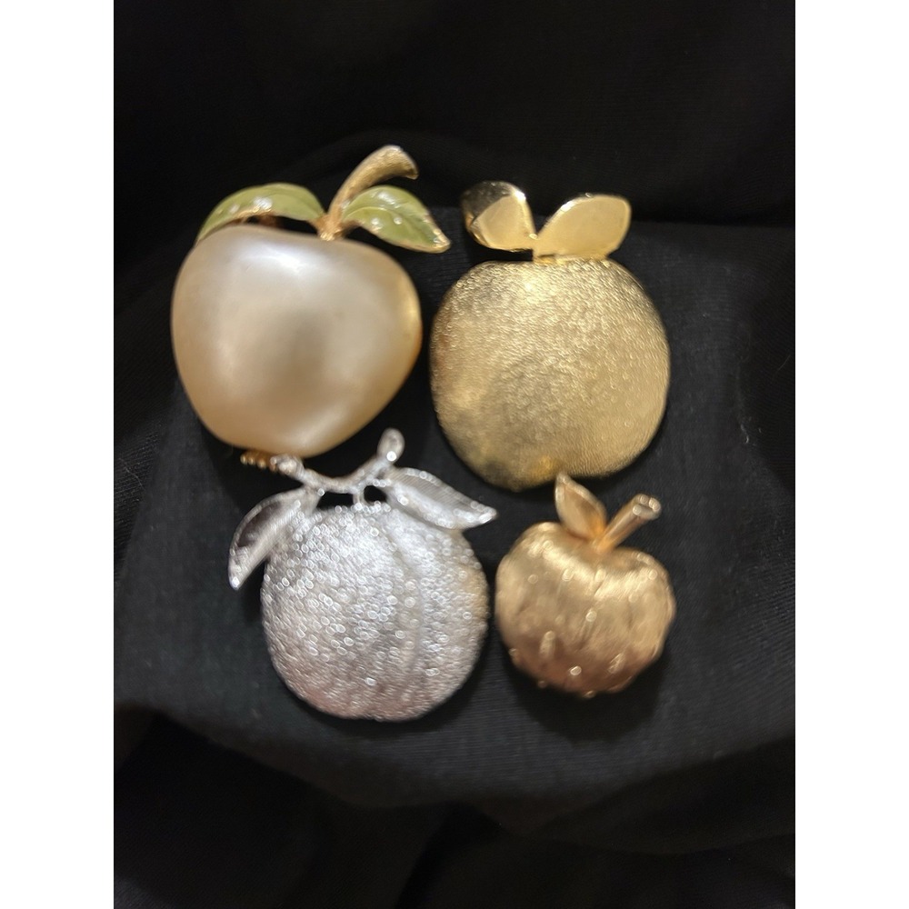 Apple Lot 4 Vintage brooch large mother-of-pearl enamel JJ Teacher Gift Pin Silv